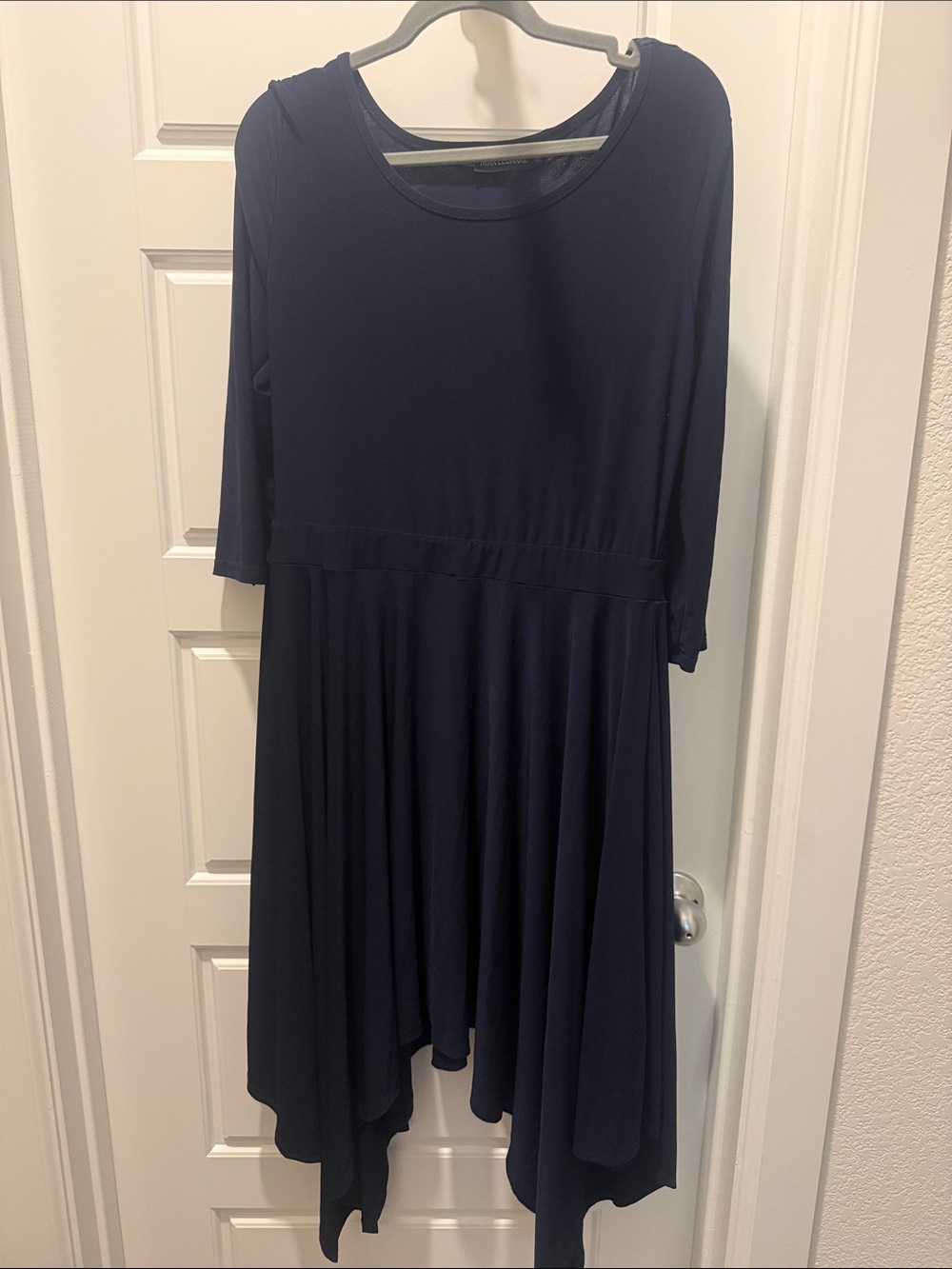 Nina Leonard Navy Handkerchief-Hem Flowy Dress